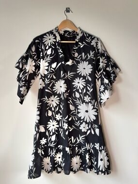 Fitzroy & Willa - Soleil Mini Dress Black & White Floral Ruffle-Trim